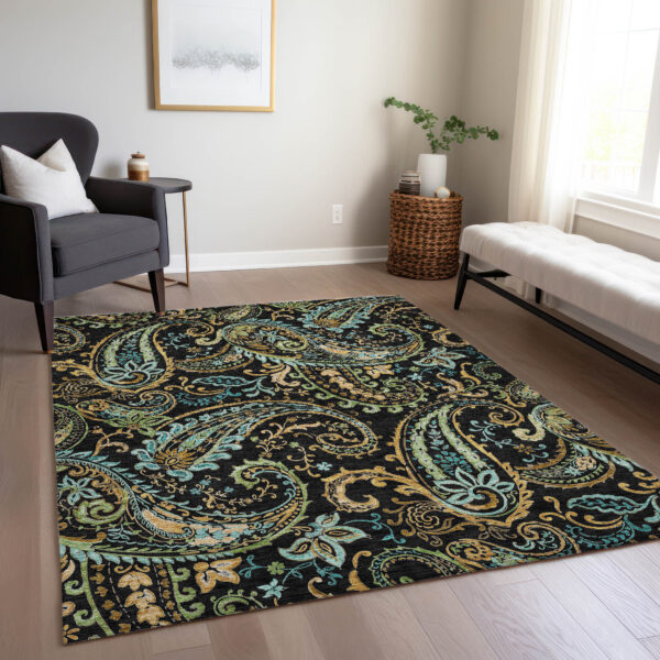 3' X 5' Black and Gold Paisley Washable Indoor Outdoor Area Rug