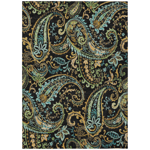3' X 5' Black and Gold Paisley Washable Indoor Outdoor Area Rug