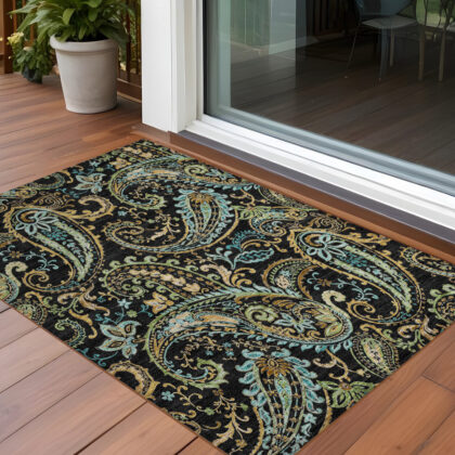 3' X 5' Black and Gold Paisley Washable Indoor Outdoor Area Rug