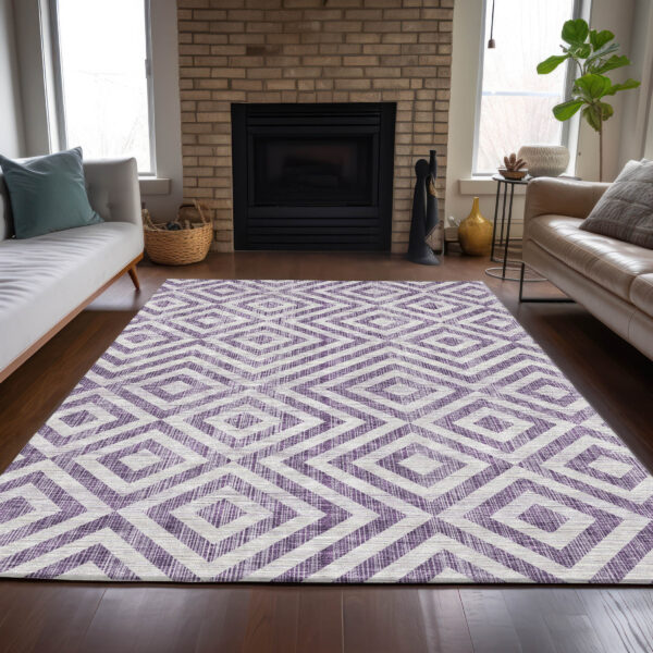3' X 5' Purple And Ivory Geometric Washable Indoor Outdoor Area Rug