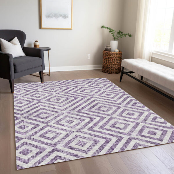 3' X 5' Purple And Ivory Geometric Washable Indoor Outdoor Area Rug