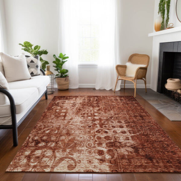 9' X 12' Orange Ikat Washable Indoor Outdoor Area Rug