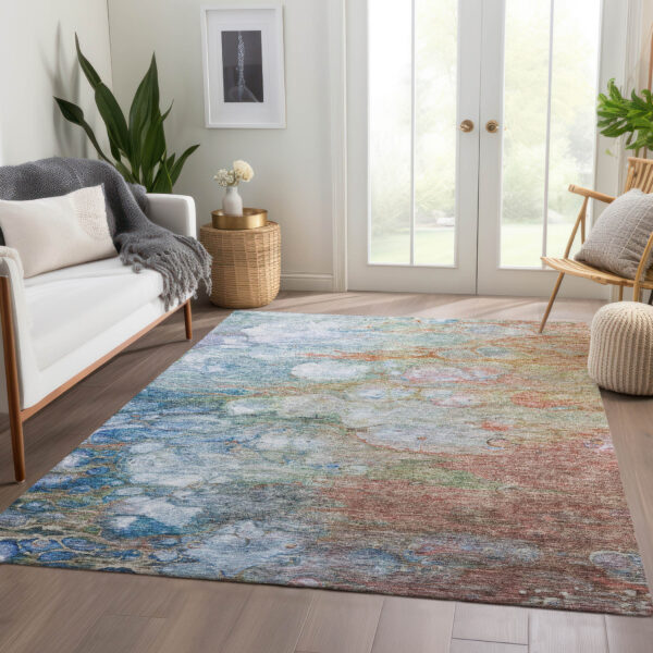 10' X 14' Copper Blue And Artichoke Green Abstract Washable Indoor Outdoor Area Rug