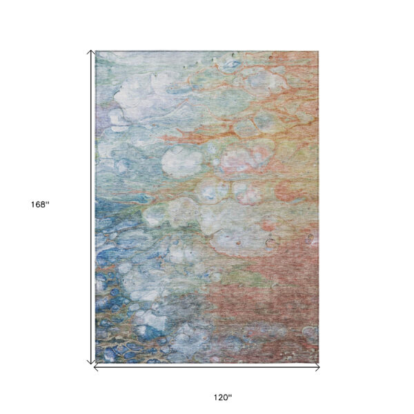 10' X 14' Copper Blue And Artichoke Green Abstract Washable Indoor Outdoor Area Rug