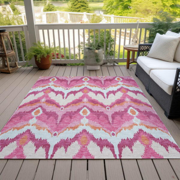 10' X 14' Pink Mauve And Orange Ikat Washable Indoor Outdoor Area Rug