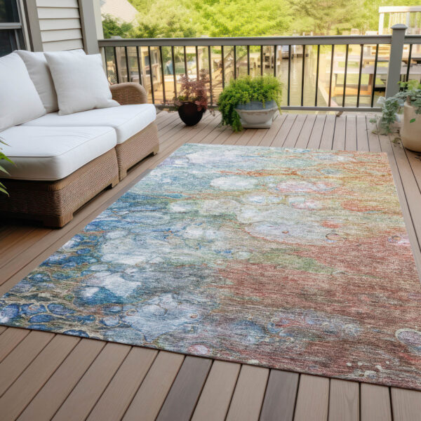 10' X 14' Copper Blue And Artichoke Green Abstract Washable Indoor Outdoor Area Rug