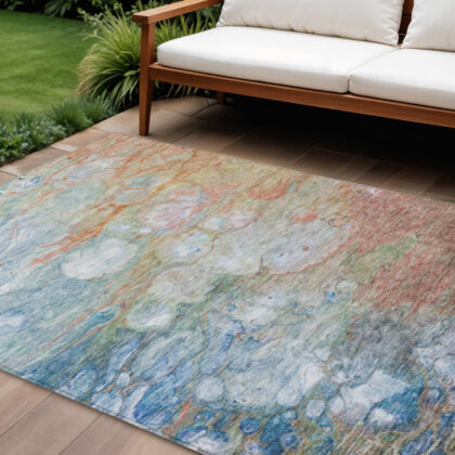 10' X 14' Copper Blue And Artichoke Green Abstract Washable Indoor Outdoor Area Rug