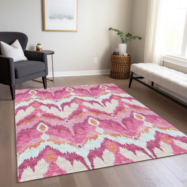 10' X 14' Pink Mauve And Orange Ikat Washable Indoor Outdoor Area Rug
