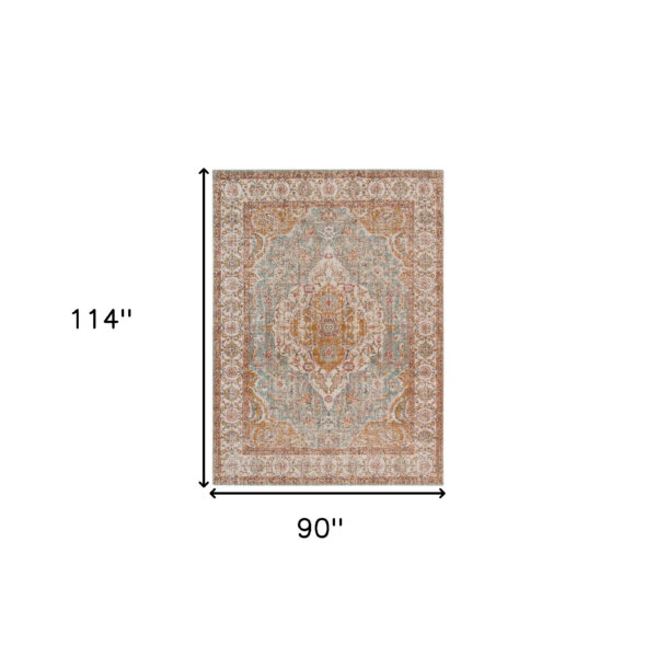 7' x 9' Blue and Orange Oriental Power Loom Distressed Area Rug