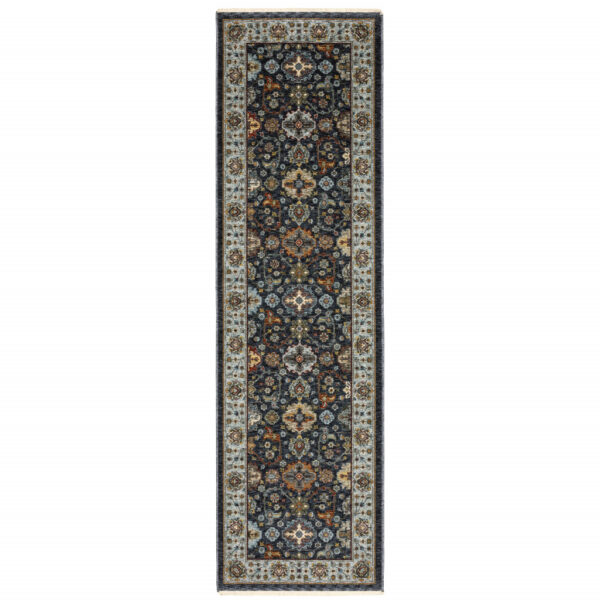 2' X 8' Blue And Beige Oriental Power Loom Runner Rug With Fringe