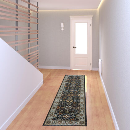 2' X 8' Blue And Beige Oriental Power Loom Runner Rug With Fringe