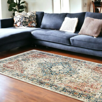 9' X 13' Beige Oriental Distressed Area Rug With Fringe