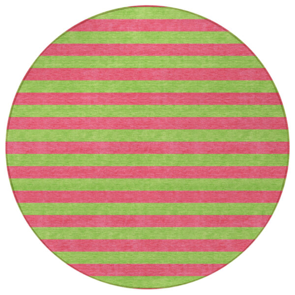 8' Round Green and Red Round Striped Washable Non Skid Indoor Outdoor Area Rug
