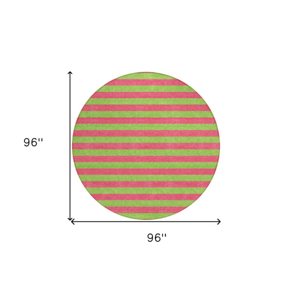 8' Round Green and Red Round Striped Washable Non Skid Indoor Outdoor Area Rug