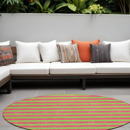 8' Round Green and Red Round Striped Washable Non Skid Indoor Outdoor Area Rug