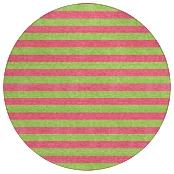 8' Round Green and Red Round Striped Washable Non Skid Indoor Outdoor Area Rug