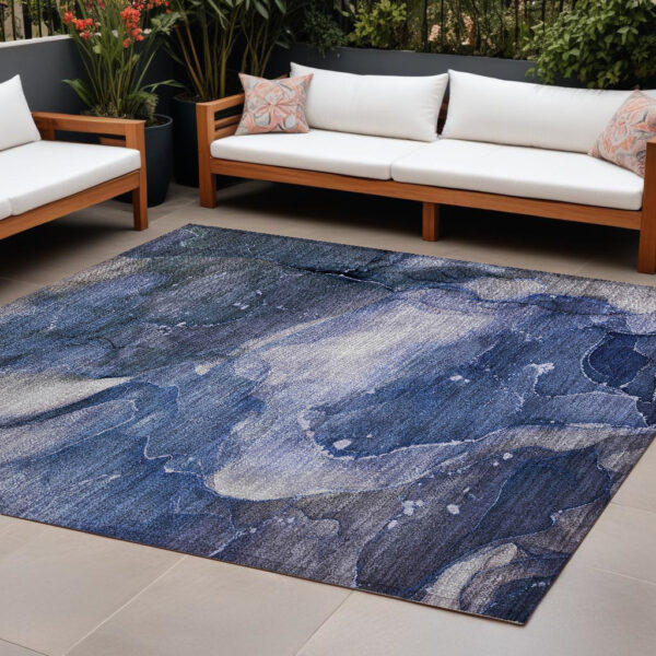 9' X 12' Blue Abstract Washable Non Skid Indoor Outdoor Area Rug