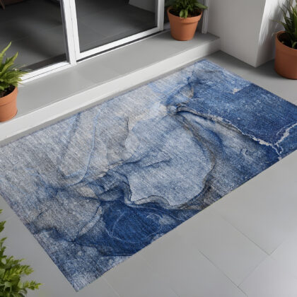 3' X 5' Navy Blue Abstract Washable Non Skid Indoor Outdoor Area Rug