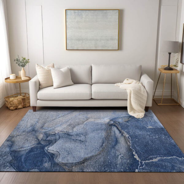 3' X 5' Navy Blue Abstract Washable Non Skid Indoor Outdoor Area Rug