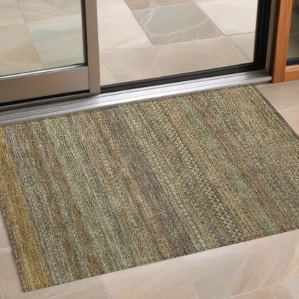 2' X 3' Khaki Striped Washable Non Skid Indoor Outdoor Area Rug