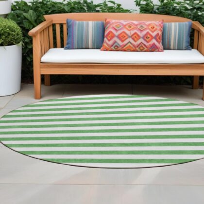 8' X 8' Green and White Round Striped Washable Indoor Outdoor Area Rug