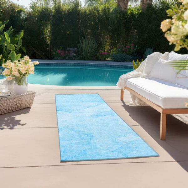 8' Runner Blue Abstract Washable Non Skid Indoor Outdoor Runner Rug