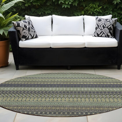 8' Round Sage Round Striped Washable Non Skid Indoor Outdoor Area Rug