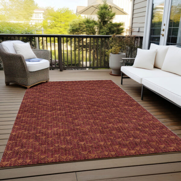 9' X 12' Burgundy Geometric Washable Non Skid Indoor Outdoor Area Rug