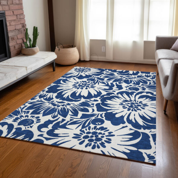 8' X 10' Navy and Ivory Floral Washable Non Skid Indoor Outdoor Area Rug