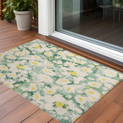 3' X 5' Green Floral Washable Non Skid Indoor Outdoor Area Rug