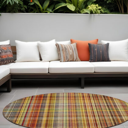 8' Round Orange Round Plaid Washable Non Skid Indoor Outdoor Area Rug