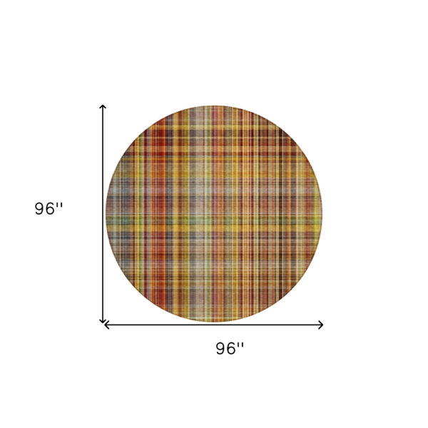 8' Round Orange Round Plaid Washable Non Skid Indoor Outdoor Area Rug