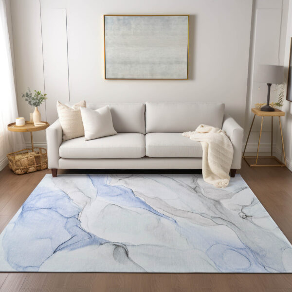 10' X 14' Ivory Blue and Gray Abstract Washable Non Skid Indoor Outdoor Area Rug
