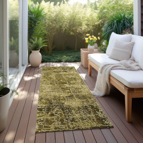 8' Runner Green Abstract Washable Non Skid Indoor Outdoor Runner Rug