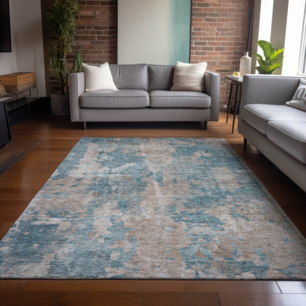 10' X 14' Teal and Taupe Abstract Washable Non Skid Indoor Outdoor Area Rug