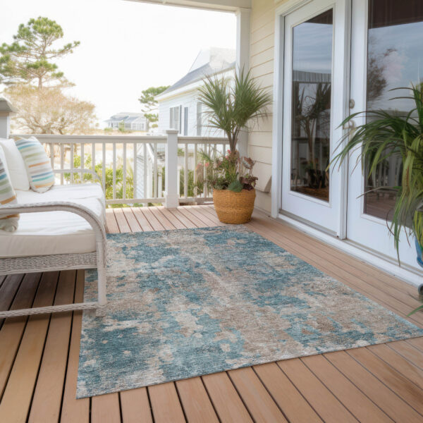 10' X 14' Teal and Taupe Abstract Washable Non Skid Indoor Outdoor Area Rug