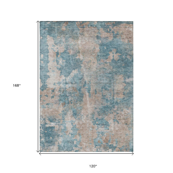 10' X 14' Teal and Taupe Abstract Washable Non Skid Indoor Outdoor Area Rug