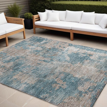 10' X 14' Teal and Taupe Abstract Washable Non Skid Indoor Outdoor Area Rug