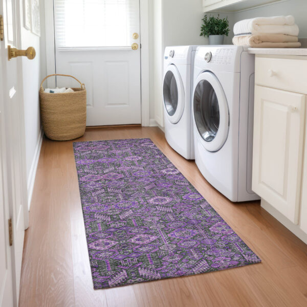 8' Runner Purple and Green Floral Washable Non Skid Indoor Outdoor Runner Rug