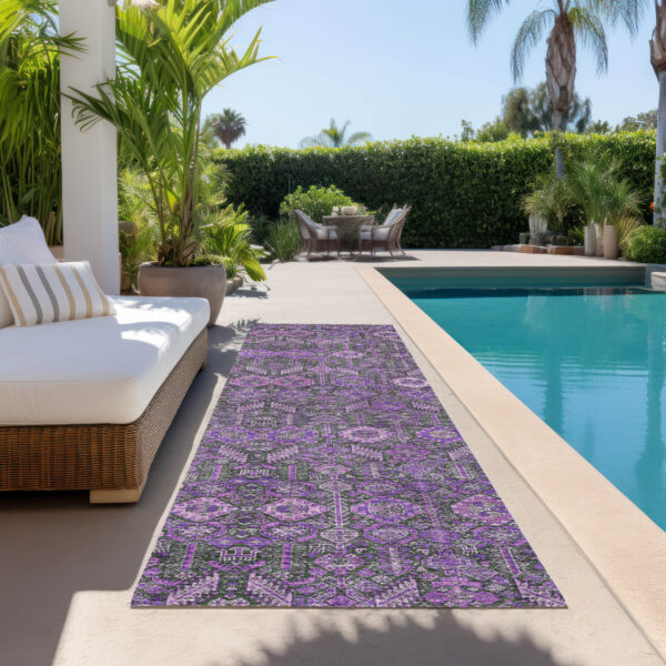 8' Runner Purple and Green Floral Washable Non Skid Indoor Outdoor Runner Rug