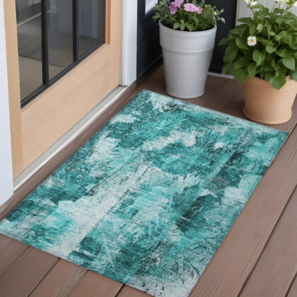 3' X 5' Teal Floral Washable Non Skid Indoor Outdoor Area Rug