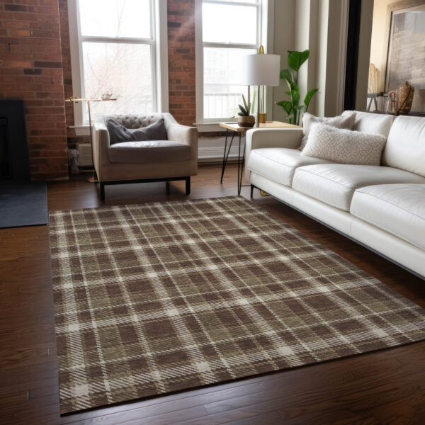 8' X 10' Chocolate and Ivory Plaid Washable Non Skid Indoor Outdoor Area Rug