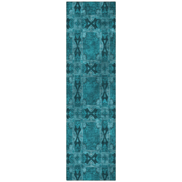 8' Runner Teal Floral Medallion Washable Non Skid Indoor Outdoor Runner Rug