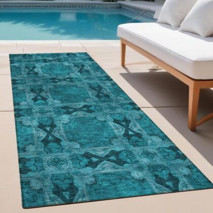 8' Runner Teal Floral Medallion Washable Non Skid Indoor Outdoor Runner Rug