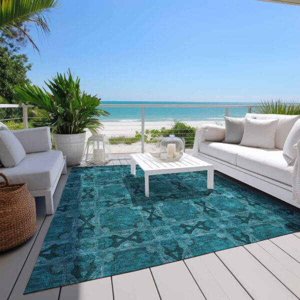 9' X 12' Teal Floral Medallion Washable Non Skid Indoor Outdoor Area Rug
