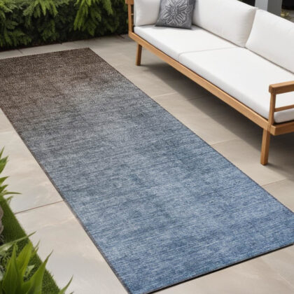 8' Runner Blue and Green Ombre Washable Non Skid Indoor Outdoor Runner Rug