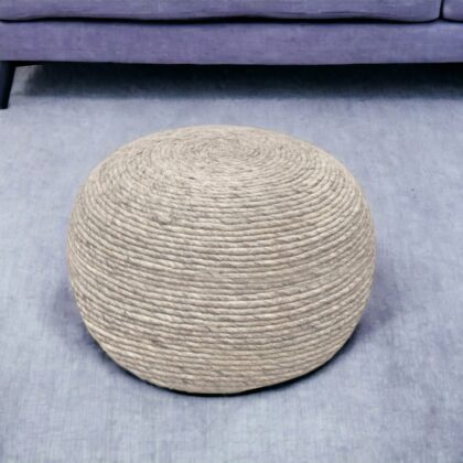 20" Gray Wool Round Ribbed Pouf Ottoman
