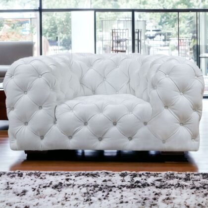 57" White And Black Top Grain Leather Tufted Arm Chair