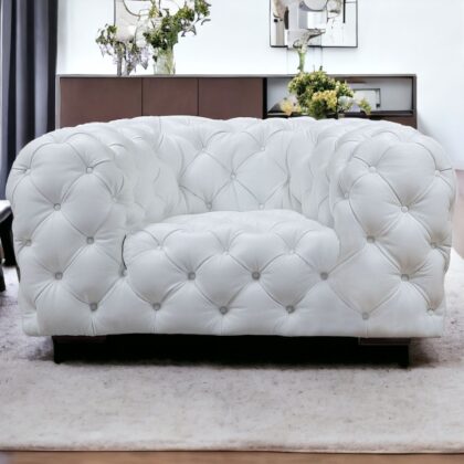 57" White And Black Top Grain Leather Tufted Arm Chair