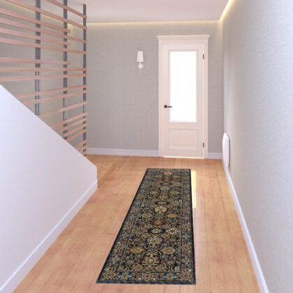 2' X 8' Blue And Beige Oriental Power Loom Runner Rug With Fringe